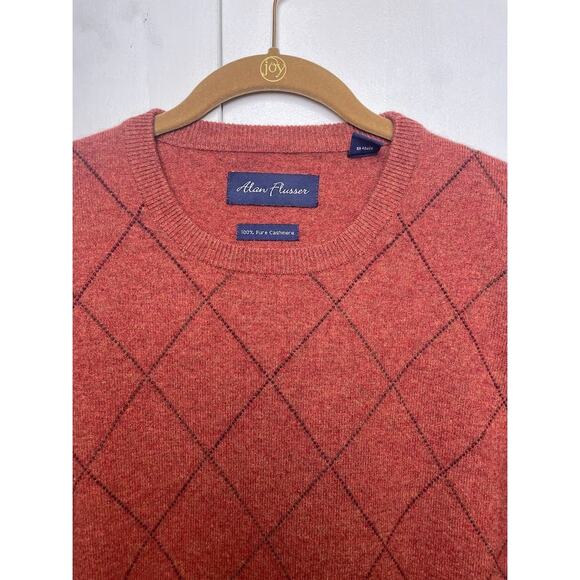 ALAN FLUSSER Pure 100% CASHMERE Mens Argyle Sweater Pumpkin Pullover Crewneck XL - Picture 2 of 9